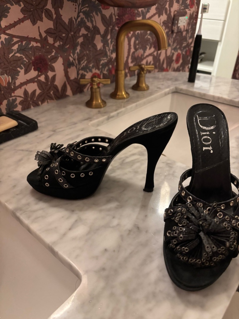 Dior Black Eyelet Slide Mules - Picture 2 of 7